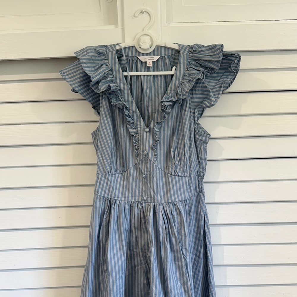 LC Lauren Conrad Blue & White Striped Ruffle-Trim Dress